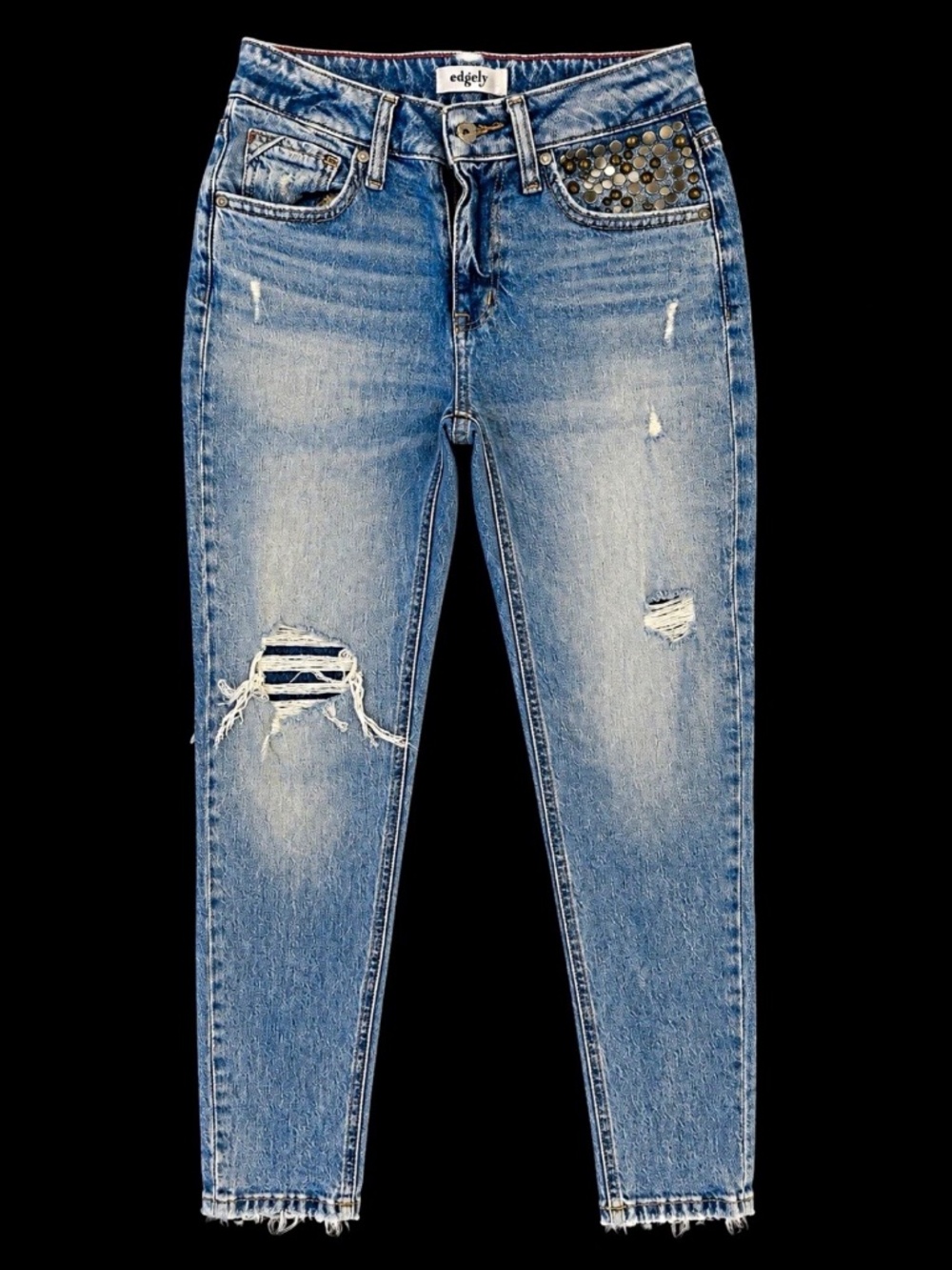 003 Edgely Women's Blue Skinny Jeans Distressed Studded Stretch 5-Pocket Size 0